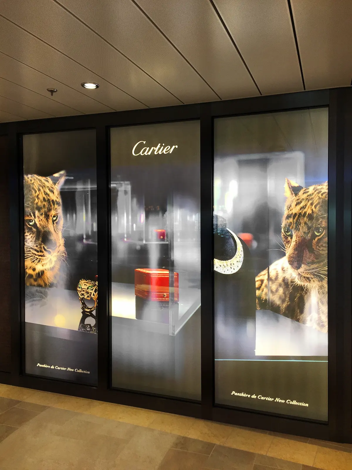 Cartier exhibition installation with custom panther displays for European luxury market