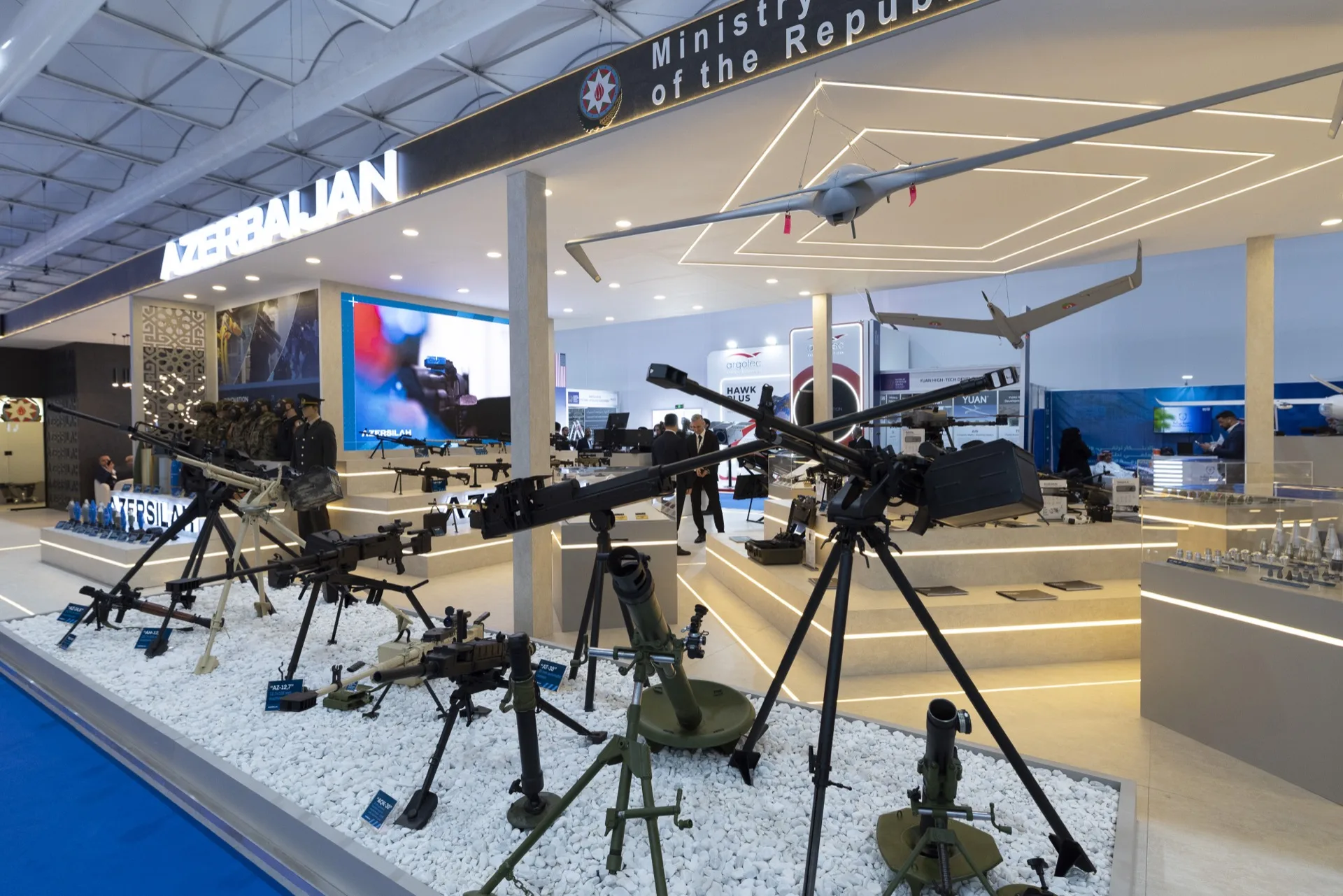 Azersilah pavilion with drones overhead at World Defence Show