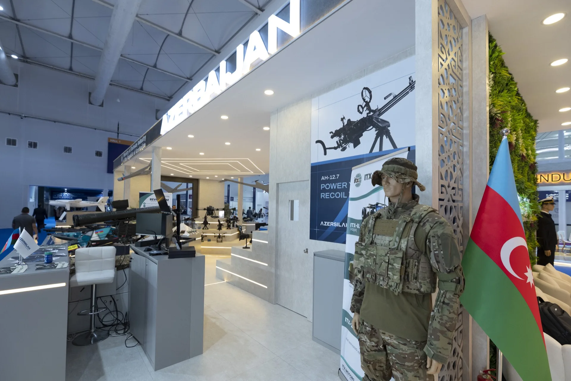 Azersilah armed mannequin display with Azerbaijani flag