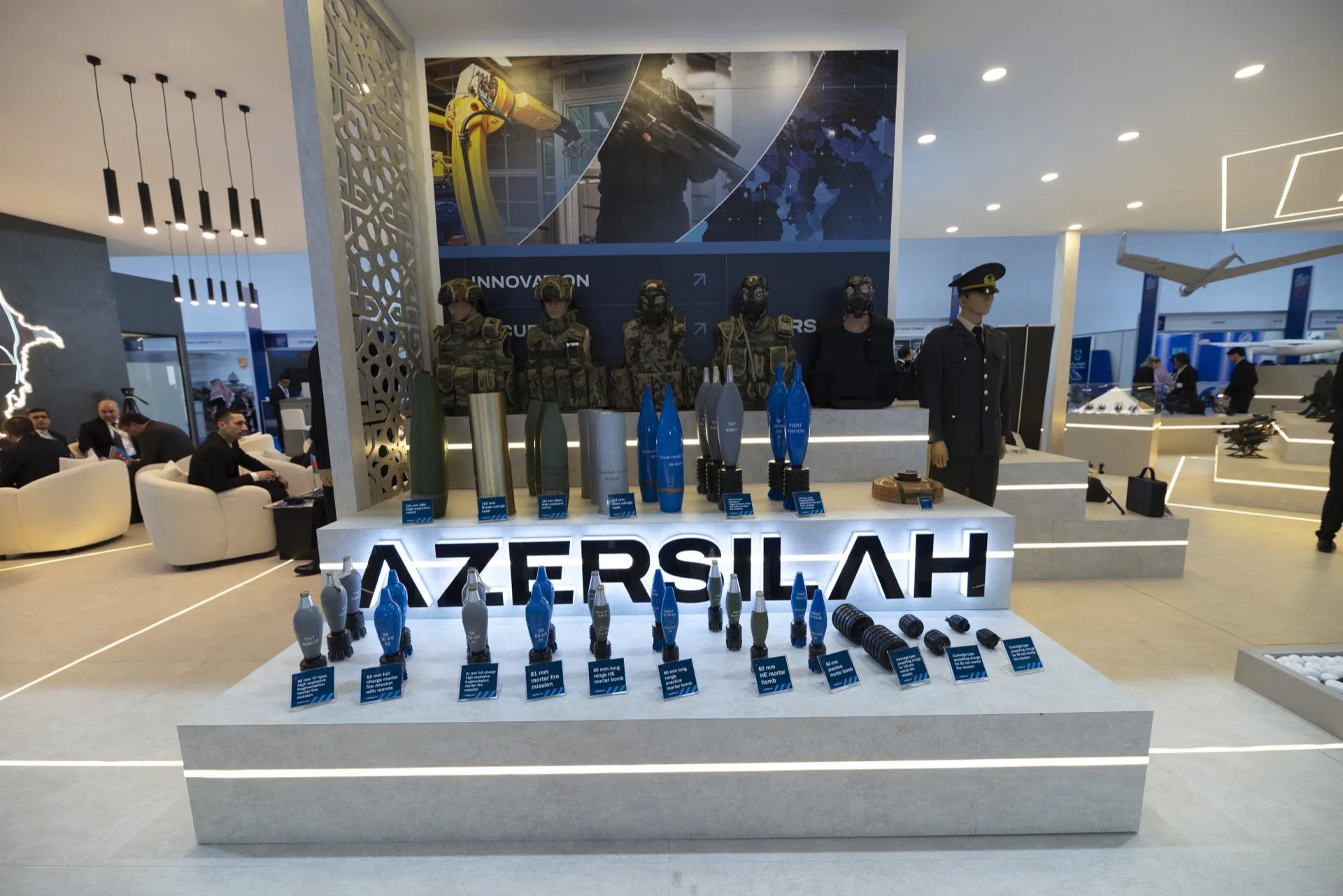 Azersilah booth exterior with weapons and vehicle display