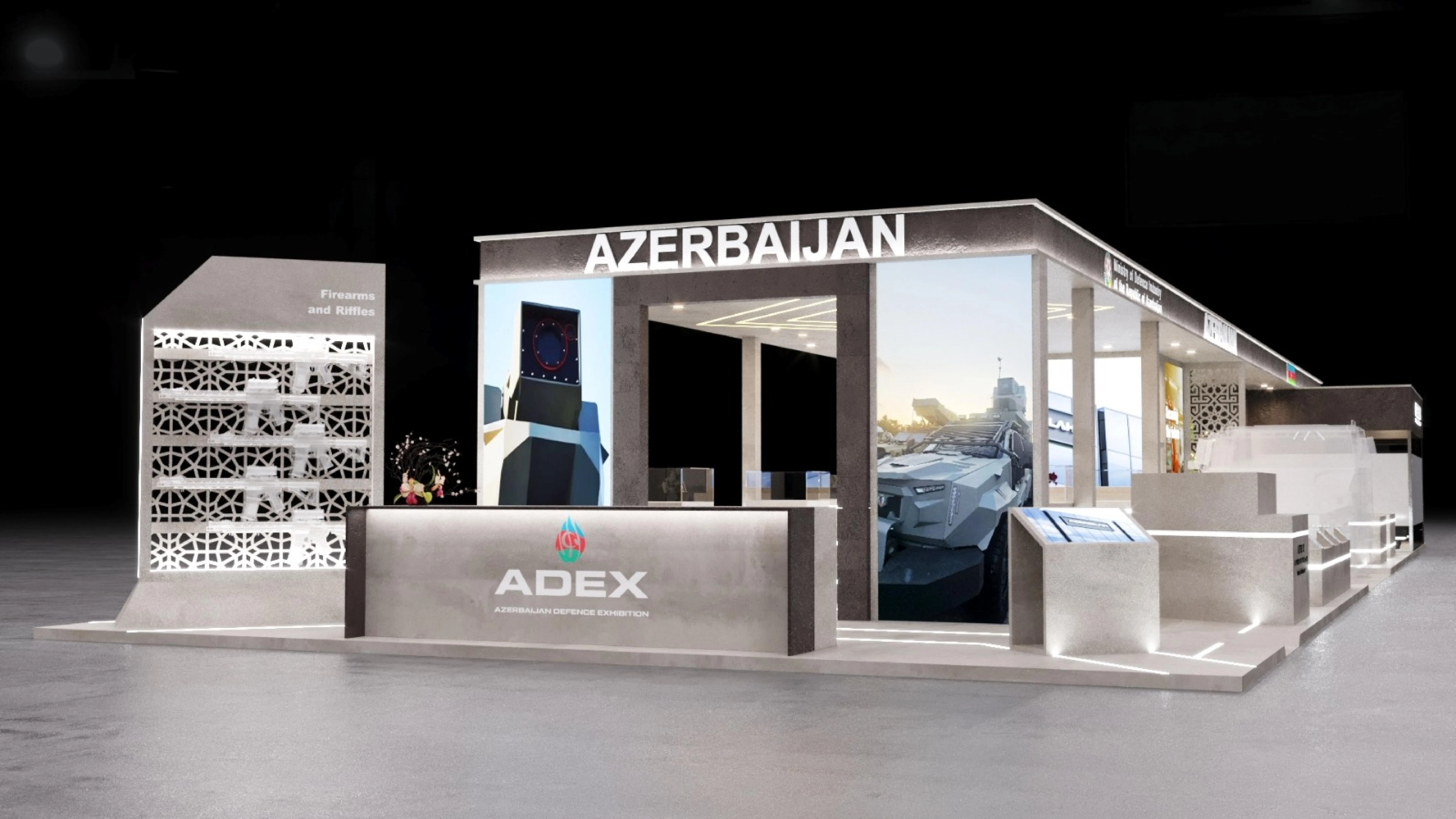 Azersilah pavilion 3D render - front entrance with ADEX branding