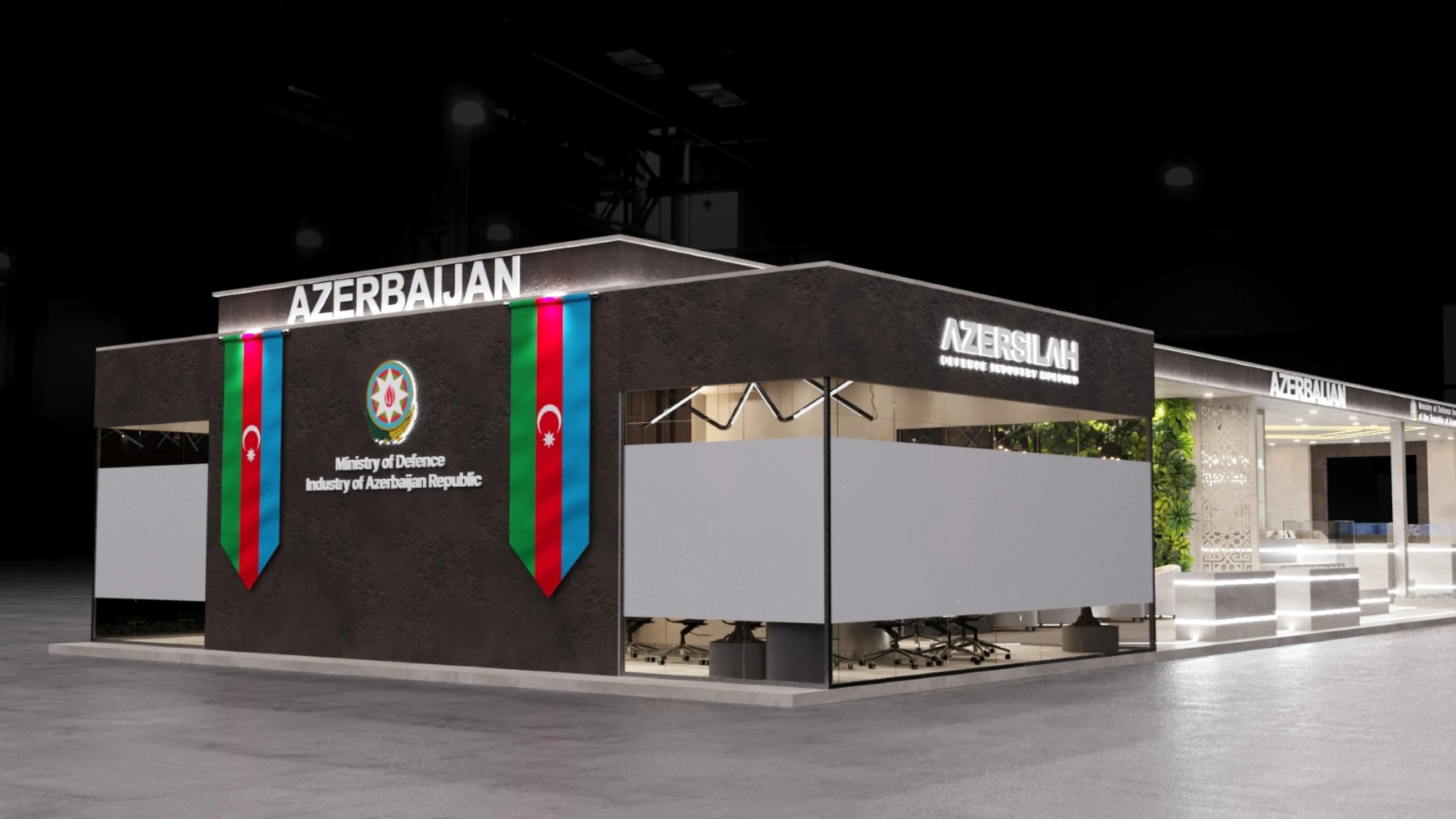 Azersilah pavilion 3D render - rear elevation with Azerbaijani flags